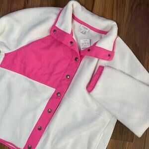 NWT Women’s M J.Crew Fleece Jacket Colorblock White Pink Snap Button Sherpa